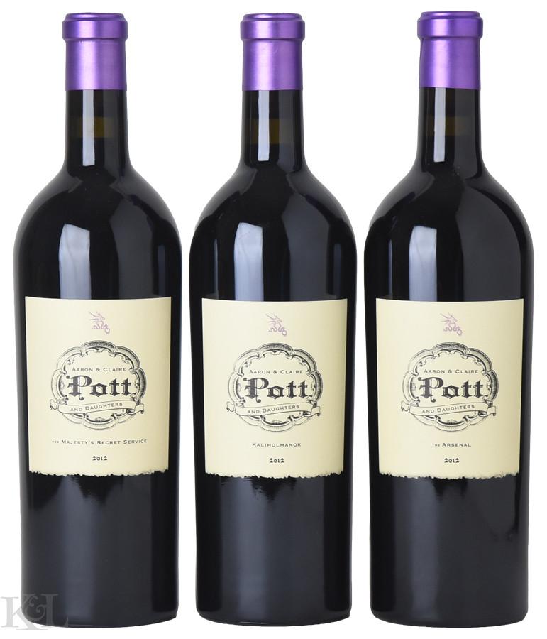 2012 Pott "Her Majesty's Secret Service Stagecoach Vineyard", "Kaliholmanok - Kicu Ma" & "The Arsenal - Greer Vineyard" Napa Valley Cabernet Sauvignon 3-Bottle Tasting Lot