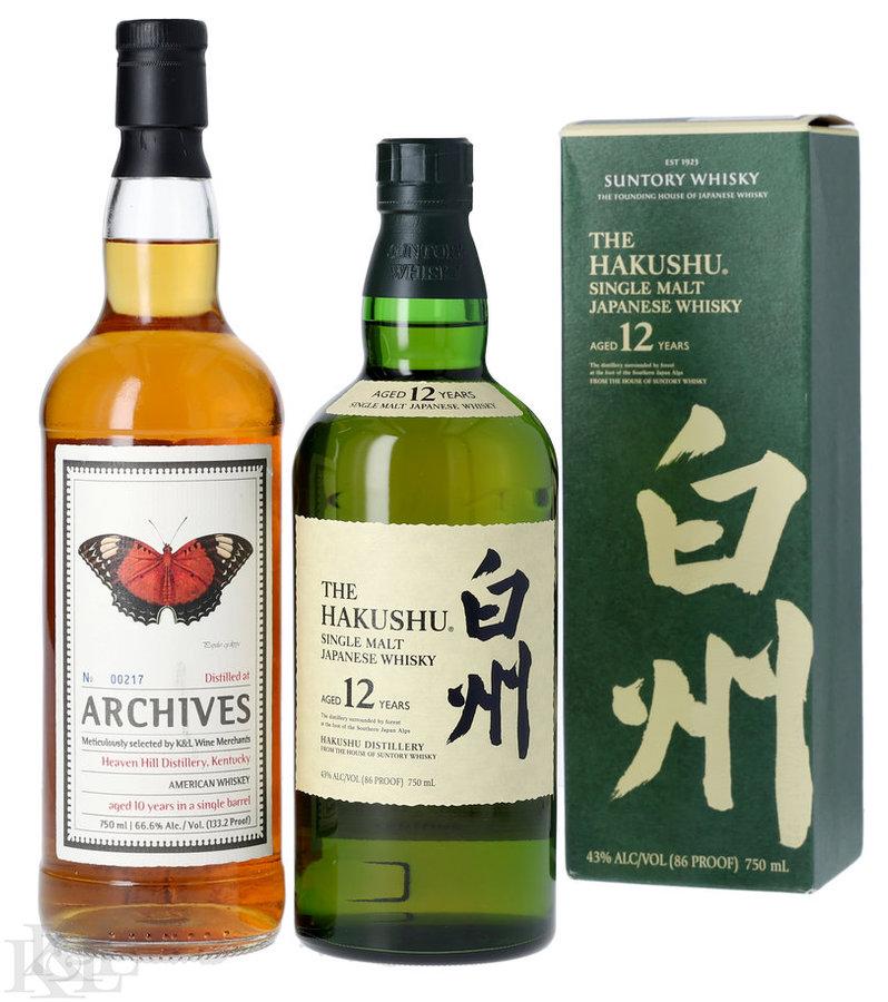 NV & 2009 Hakushu 12 Year Old Peated Japanese Single Malt Whisky & Heaven Hill 10 Year Old "Archives Whisky From The Whiskybase Team" K&L Exclusive Single Cask #496 American Whiskey Tasting Lot