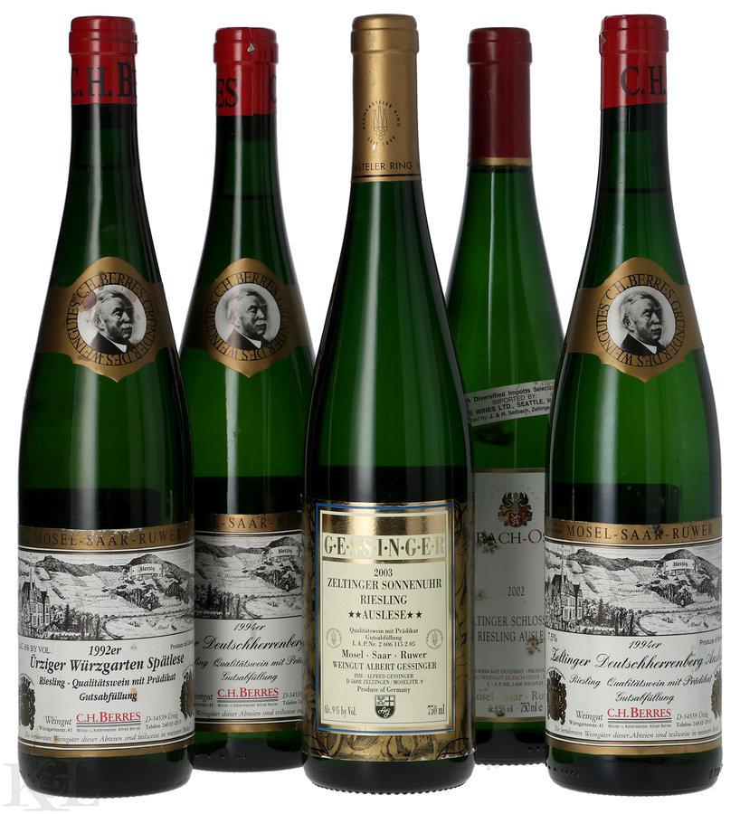 Assorted German Riesling Auslese & Spätlese Mosel Tasting Lot — C.H. Berres Ürziger Würzgarten Spätlese, C.H. Berres Zeltinger Deutschherrenberg Auslese, Selbach-Oster Zeltinger Schlossberg Auslese & Gessinger