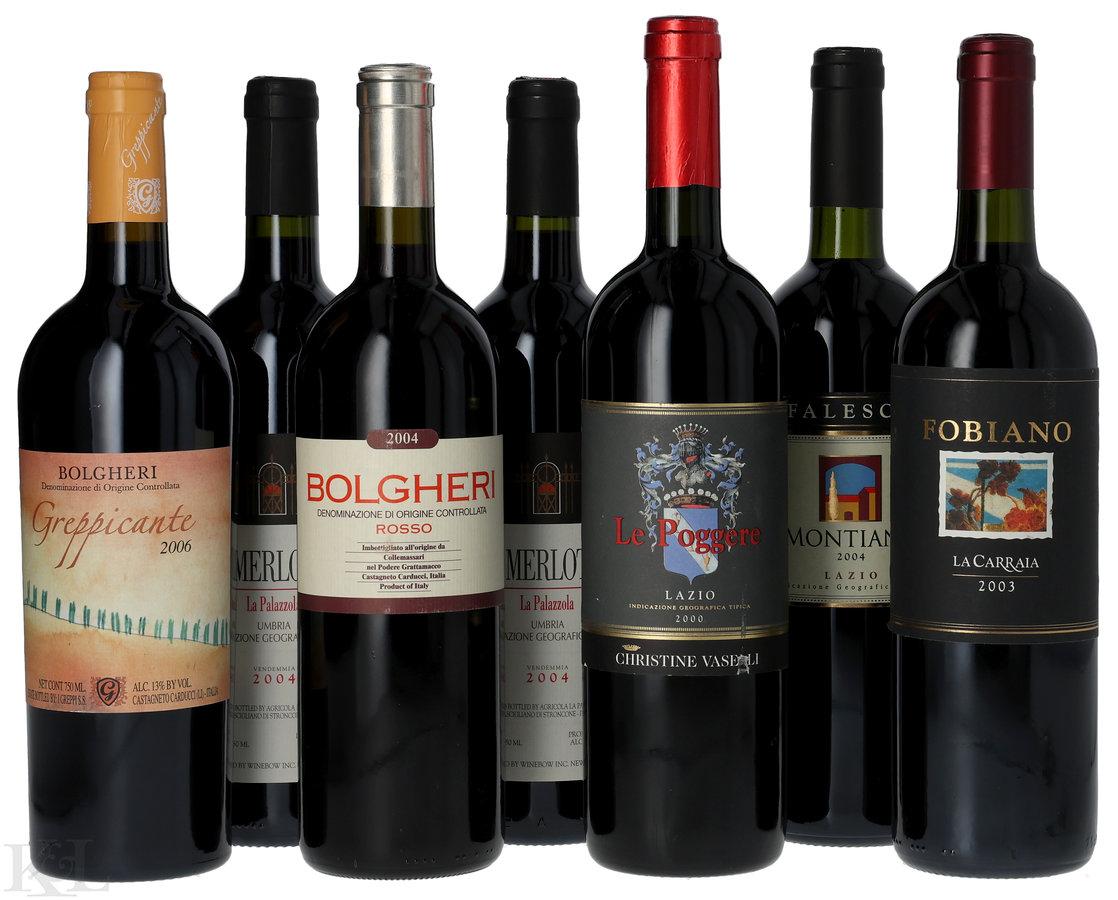 Assorted Central Italian Red Tasting Lot — Vaselli "Le Poggere" Lazio, La Carraia "Fobiano" & La Palazzola Merlot Umbria, Falesco Montiano, Grattamacco & I Greppi "Greppicante" Bolgheri Rosso