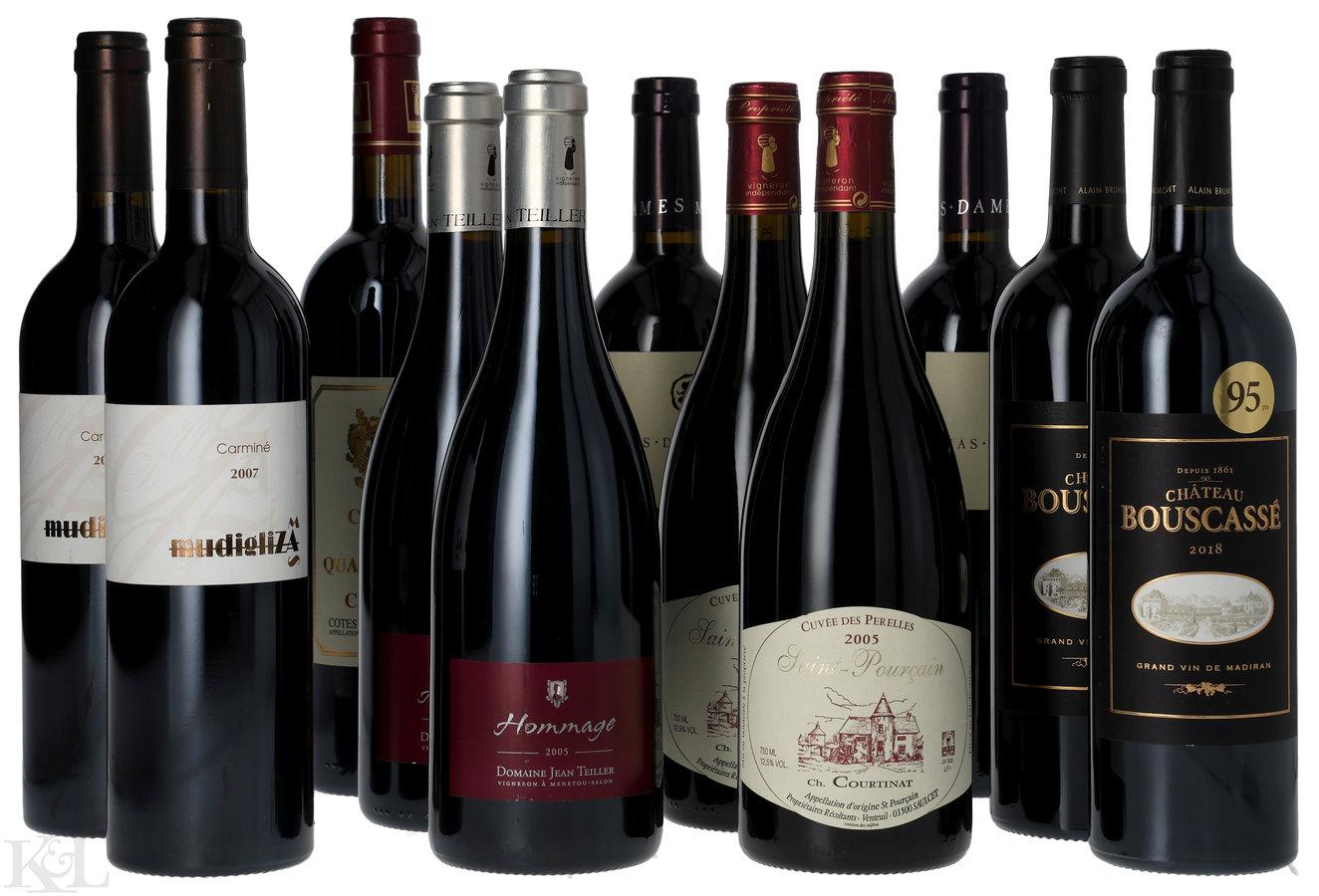 Assorted French Regional Red Tasting Lot — Courtinat "Cuvée de Perelles" Saint-Pourçain, Teiller "Hommage" Menetou-Salon, Mas des Dames Côteaux du Languedoc, Les Quatre Filles Cairanne, Mas Mudigliza "Carmine"