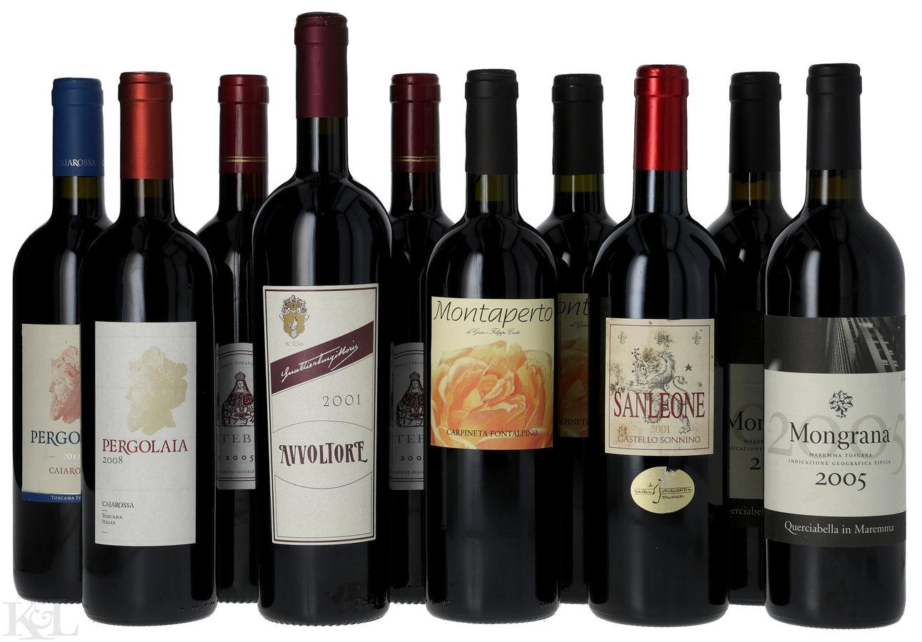 Assorted Tuscan Red Tasting Lot — Sonnino "San Leone," Morisfarms "Avvoltore" & Querciabella "Mongrana" Maremma, Carpineta Fontalpino "Montaperto," Poderi Stebbi "Casole" & Caiarossa "Pergolaia" Toscana