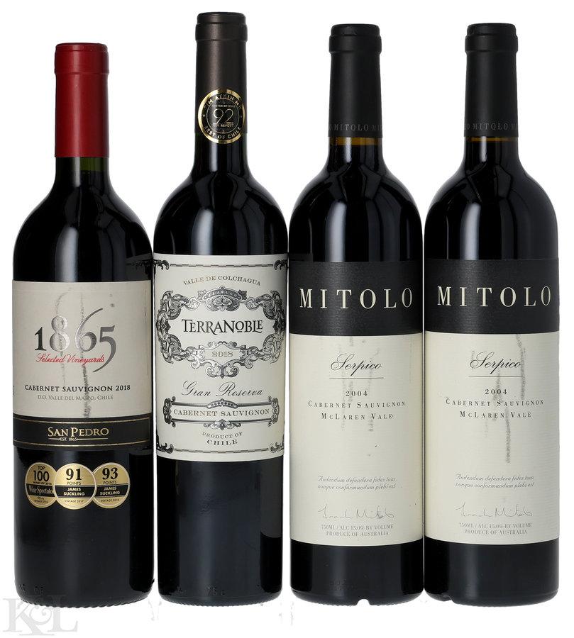 NV, 2004, 2018 Cabernet Sauvignon Tasting Lot — Viña San Pedro "1865" Maipo Valley, Mitolo "Serpico" McLaren Vale & TerraNoble "Gran Reserva" Colchagua Valley