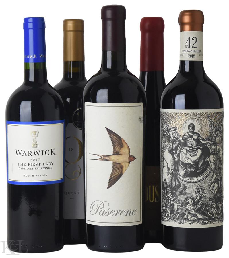 2017, 2018, 2021 Western Cape Red Collection — Warwick "The First Lady" Cab Sauv · Paserene "Marathon" · Leopard's Leap "Pardus" · Orpheus "No. 42" Cape Blend · Du Toitskloof "Quest" Tasting Lot