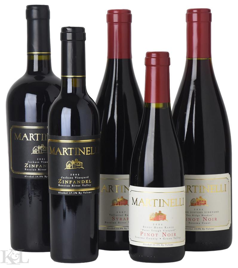 Assorted Martinelli Tasting Lot — "Jackass Vineyard" RRV Zinfandel, "Jackass Vineyard" RRV Zinfandel (375ml), "Three Sisters Sea Ridge Meadow" Sonoma Coast Pinot Noir, "Bondi Home Ranch Water Trough" Green Val