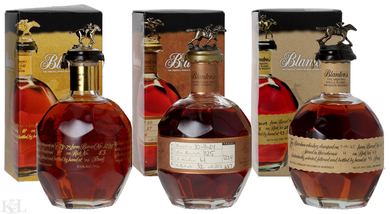 NV Blanton's "Gold" Single Barrel (Letter L), "Straight from the Barrel" Single Barrel (Letter T) & Original Single Barrel Kentucky Straight Bourbon Whiskey (Letter A) Horizontal