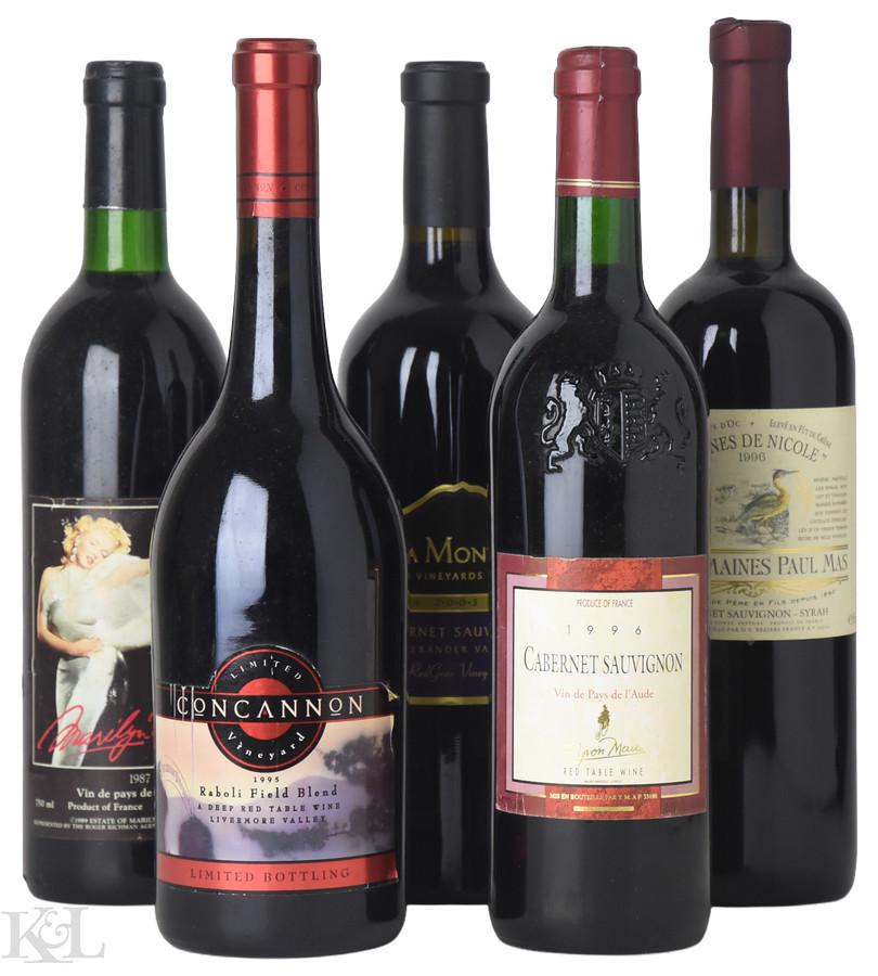 Assorted Red Wine Tasting Lot — Nova "Marilyn Merlot" Napa Valley Merlot, Concannon "Limited Bottling" Livermore Valley Red, Paul Mas "Vignes de Nicole" Cabernet-Syrah, Yvon Mau Aude Cabernet Sauvignon & De La