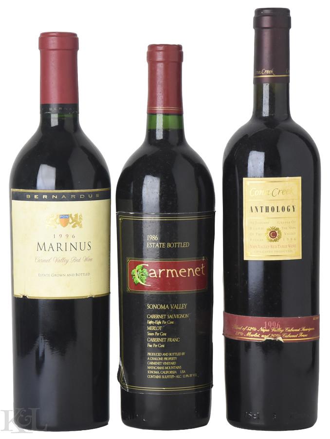 1986 & 1996 California Cabernet & Bordeaux Blend Tasting Lot — Carmenet Sonoma Valley Cabernet Sauvignon, Bernardus "Marinus" Carmel Valley & Conn Creek "Anthology" Napa Valley Red