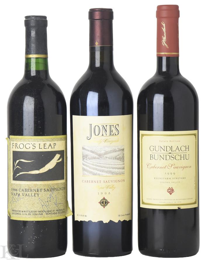 1986, 1998, 1999 California Cabernet Sauvignon Tasting Lot — Frog's Leap & Jones Family Napa Valley & Gundlach Bundschu "Rhinefarm Vineyard" Sonoma Valley