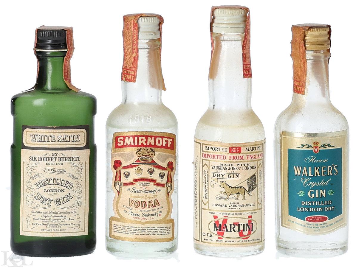 NV Vintage Gin & Vodka Mini Bottles Collection – London Dry & Martini Minis (1940s-1960s) Horizontal