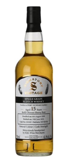 2008 Port Dundas 15 Year Old "Signatory" K&L Exclusive Refill Oloroso Sherry Cask Strength Non Chillfiltered Lowland Single Grain Scotch Whisky (700ml)
