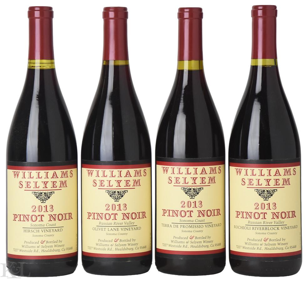 2013 Williams Selyem "Hirsch Vineyard", "Olivet Lane", "Rochioli Riverblock" & "Terra De Promissio Vineyard" Pinot Noir 4-Bottle Tasting Lot
